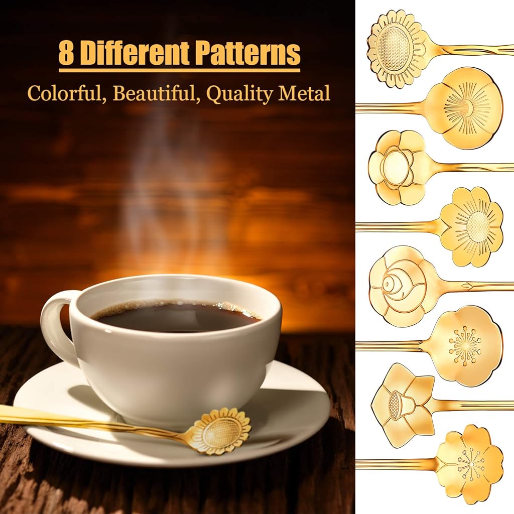 HASTHIP 8 Pieces Flower Spoon Coffee Teaspoon Set, 410 Stainless Steel Tableware, Reusable Sugar Spoon Tea Spoon Stir Bar Spoon Stirring Spoon, 8 Different Patterns (Golden) HASTHIP 8 Pieces Flower Spoon Coffee Teaspoon Set, 410 Stainless Steel Tableware, Reusable Sugar Spoon Tea Spoon Stir Bar Spoon Stirring Spoon, 8 Different Patterns (Golden)